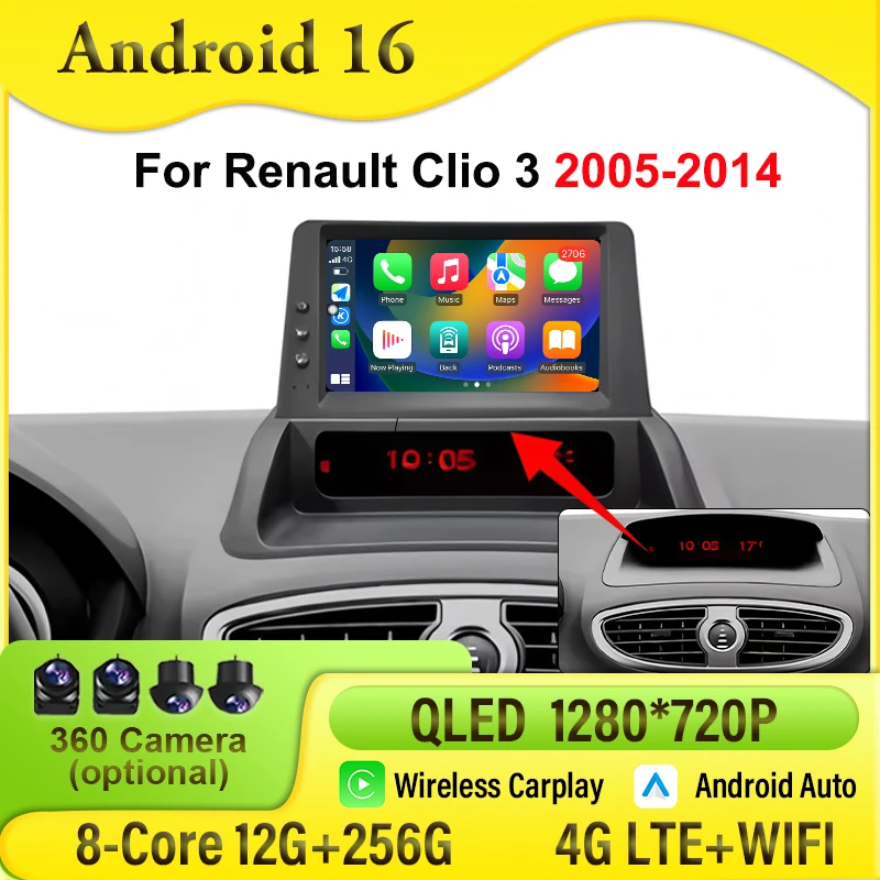 Car Radio for Renault Clio 3 2005-2014 Wireless CarPlay Android Auto Multimedia Player Navigation GPS Bluetooth split-screen
