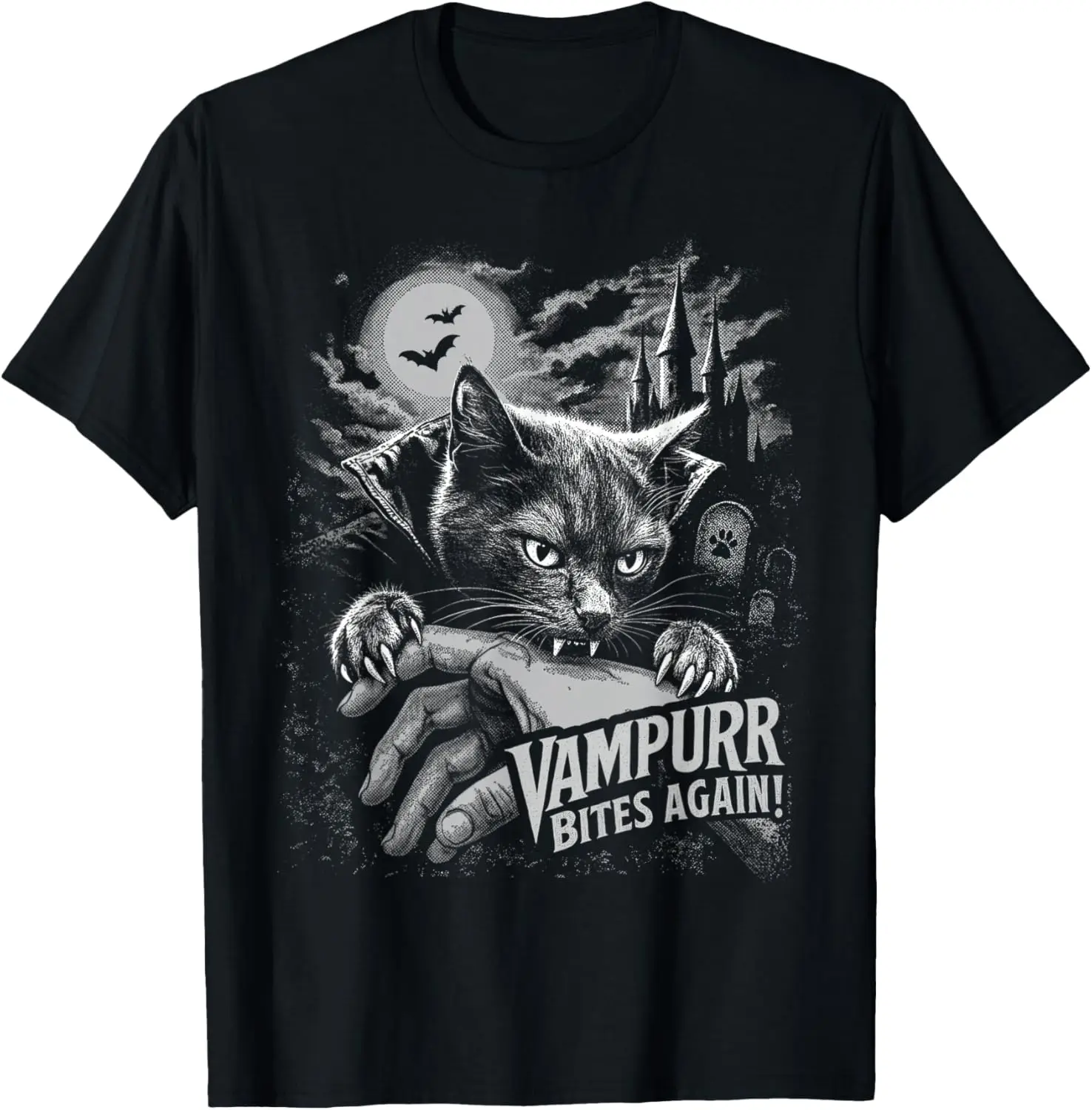 Funny Cat Vampurr Bites Again Halloween Vintage Graphic T-Shirt Trendy Vintage Graphic Tee Gift For Men Women Teen Boys Girls