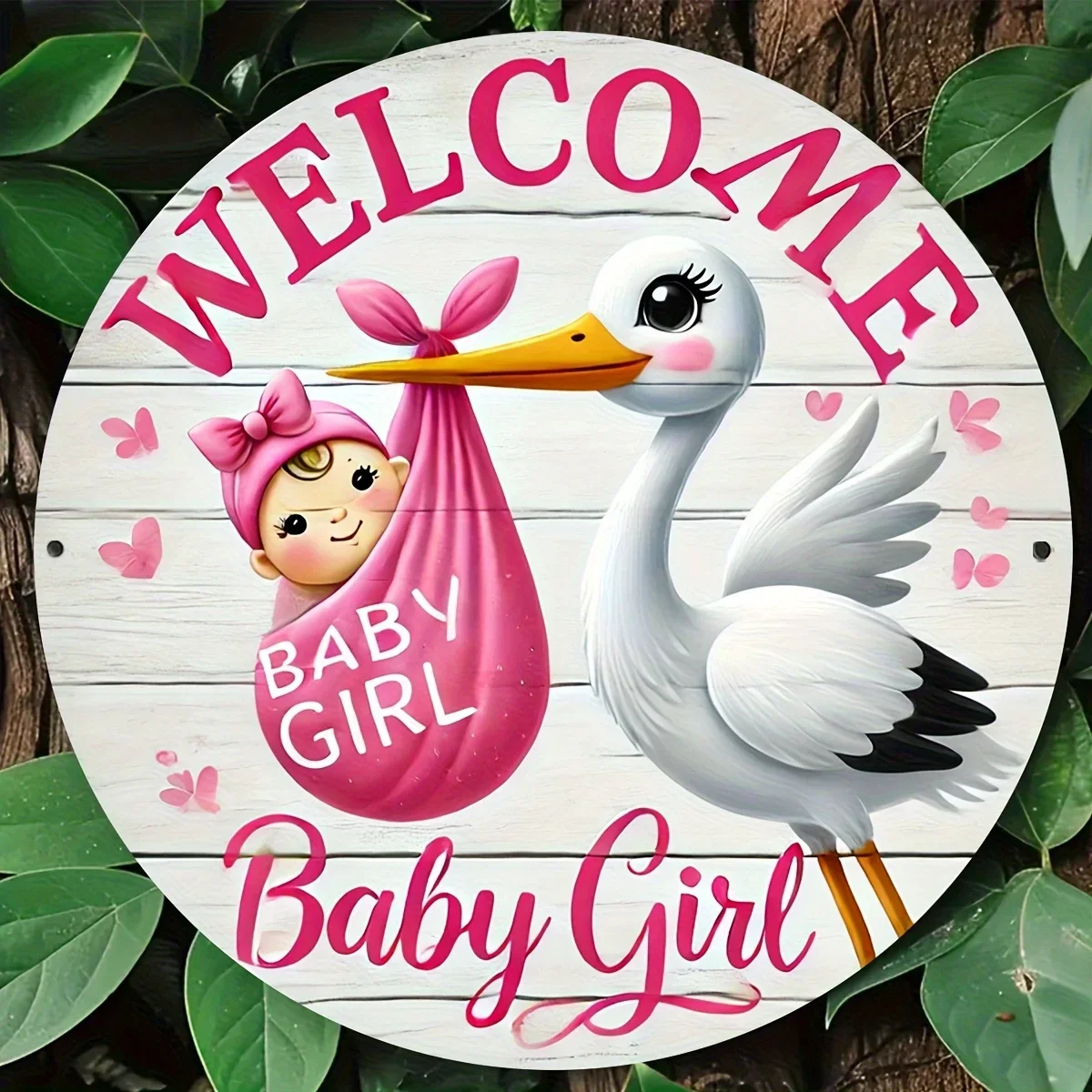 2D Metal Sign Welcome Baby Girl Stork Bird Pink Newborn Nursery Decor Gender Reveal Gifts Vintage Wood Aesthetic Room Wall Art
