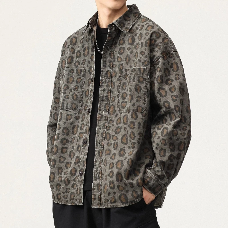 

American Retro Leopard Print Jacket Men Spring and Autumn Turn-down Collar Long Sleeve Handsome Coat Loose Casual Fashion Top