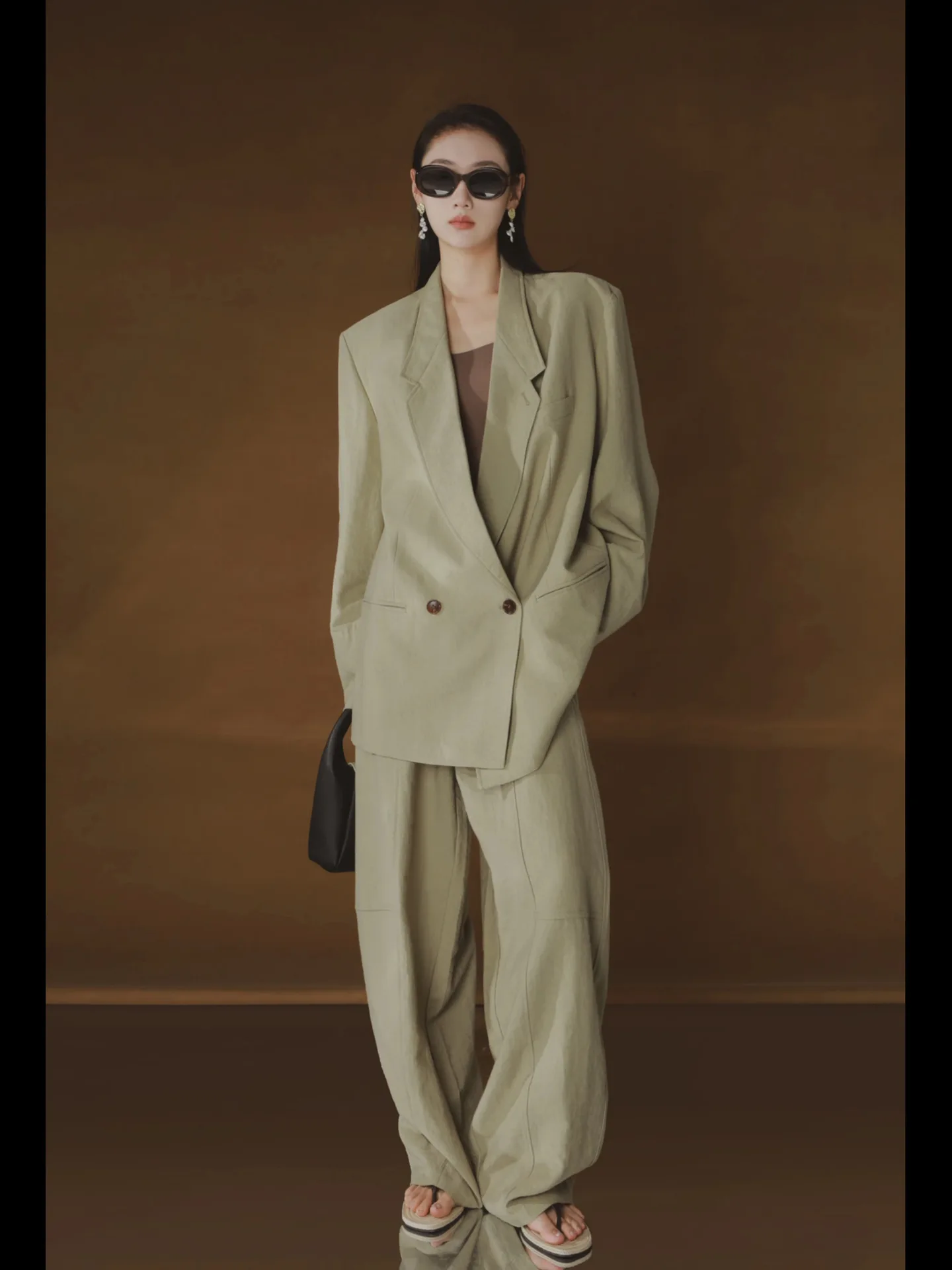 Allingentle Luxury Loose Fit Women's Outfit 2 Piece Elegant Flat Collar Blazer Pantsuit for Daily Casual Customized