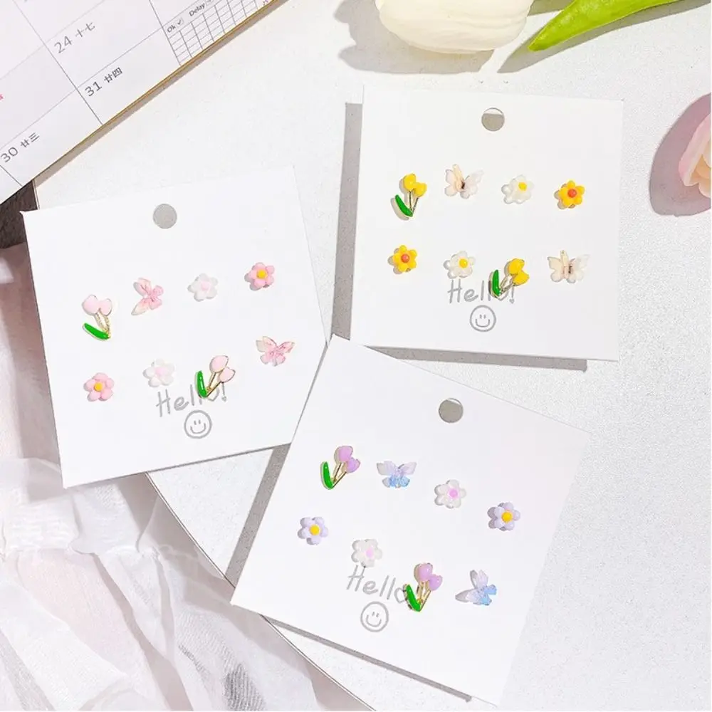 

4 pairs Alloy Tulip Earrings Set Bright Color Mini Size Women Ear Studs Flower Shape Butterfly Shape Jewelry Accessories