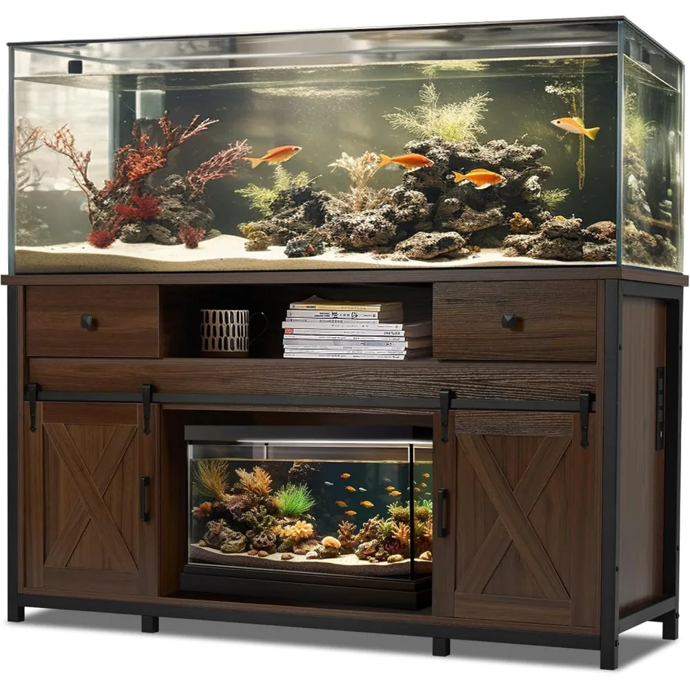 

75-120 Gallon Aquarium Stand with Power Outlets - Dual Aquarium Support, lbs Capacity, Rustic Brown, Aquariums