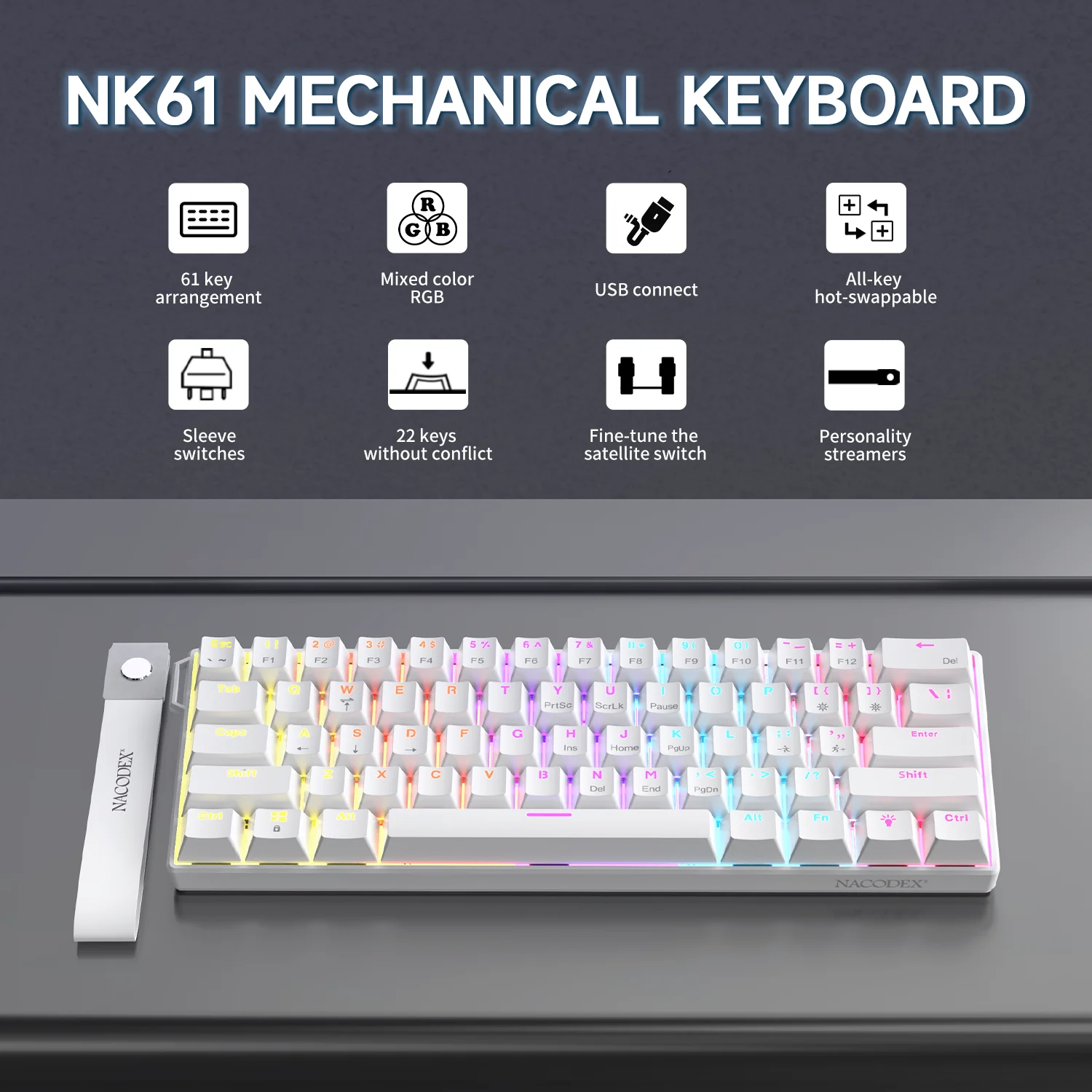 AJAZZ NK61 Wired Mechanical Keyboard, Mixed Backlight, Compact Mini Layout, Detachable USB-C Cable, Keycap Puller Included