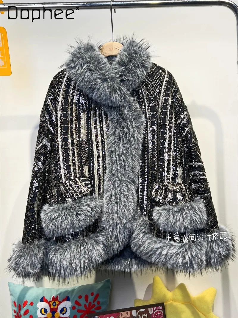 

Heavy Industry Beaded Sequin Faux Fur Coat for Women 2025 Winter New High End Elegant Fashion Thicken Loose Warm Fur Jacket