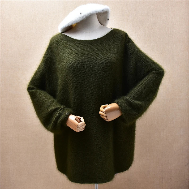 

Ladies Women Autumn Winter Clothing Green Hairy Angora Rabbit Hair Knitted Long Sleeves Loose Pullover Sweater Jumper Pull Tops