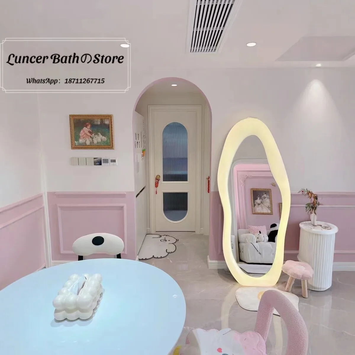 Italian Art Mango Lamp Mirror, Luxurious Floor Mirror with Lighting for Girls Bedroom Home Decor