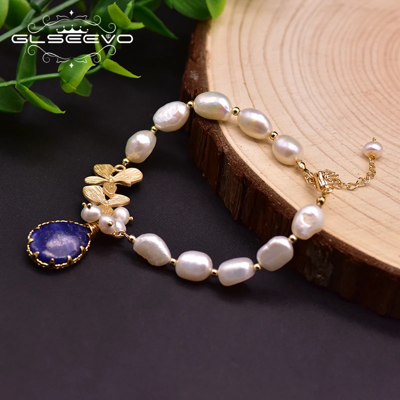 GLSEEVO Original Design White Fresh Water Baroque Pearl Lapis Lazuli Charms Bracelet For Women Anniversary Luxury Jewelry GB0209