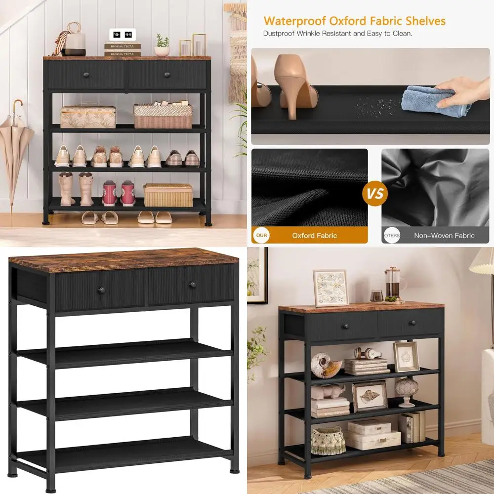 

4-х уровневый органайзер для хранения обуви с 2 ящиками, металлической и деревянной столешницей, вместимость 9–12 пар, тканевые полки, для шкафа или прихожей,