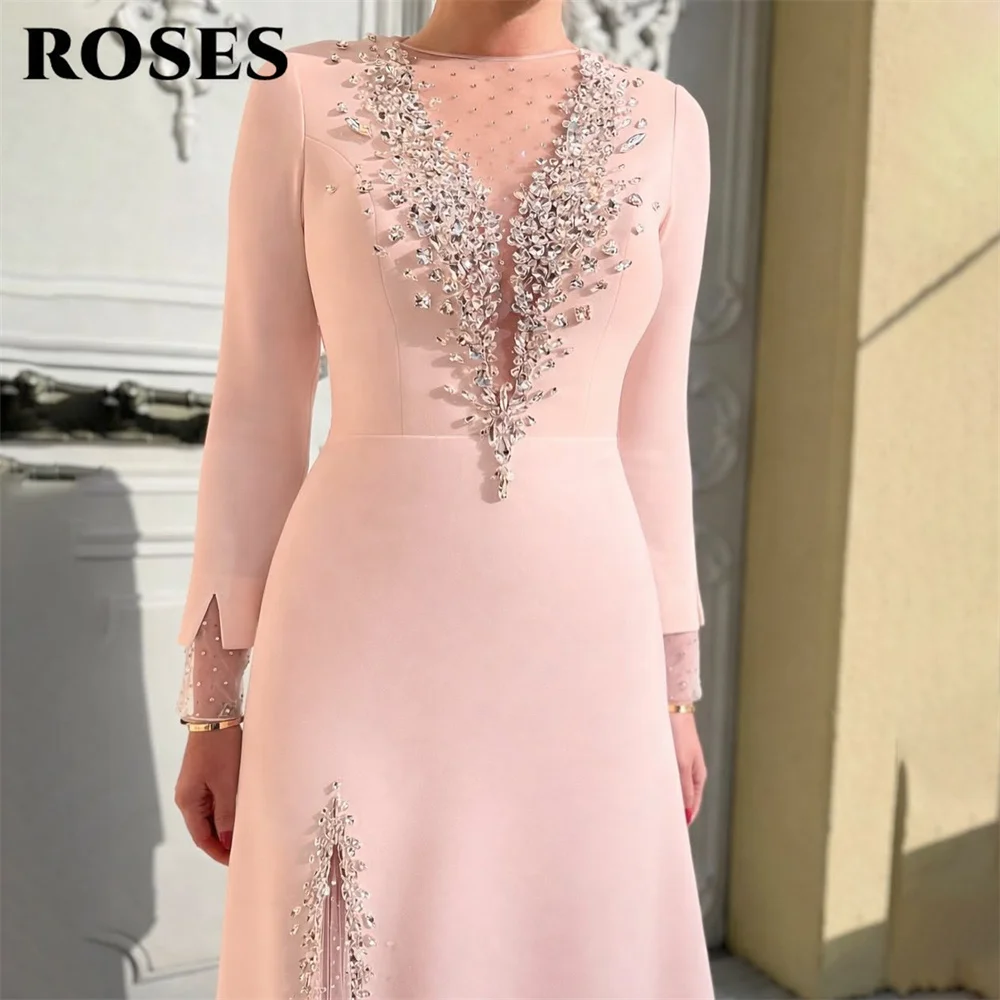 

ROSES Pink Satin Prom Dresses Crystal Neckline Long Sleeve Gala Dresses with Train Saudi Arabic Evening Party Gown Customized