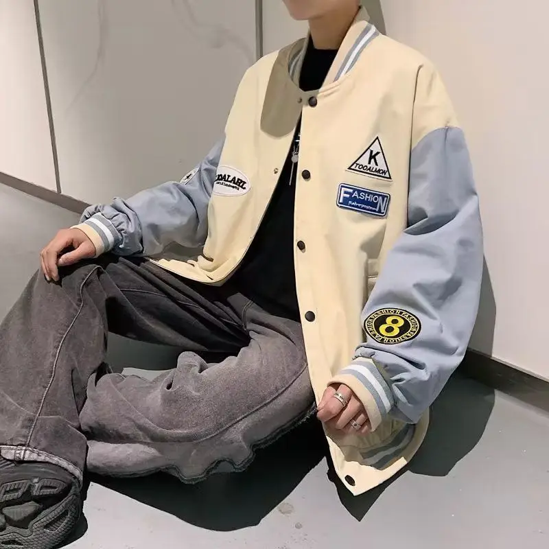 

American Sle Loose Fit Baseball Jaet for Men Autumn Trendy INS Hong Kong Sle Student Casual Color Blo Coat