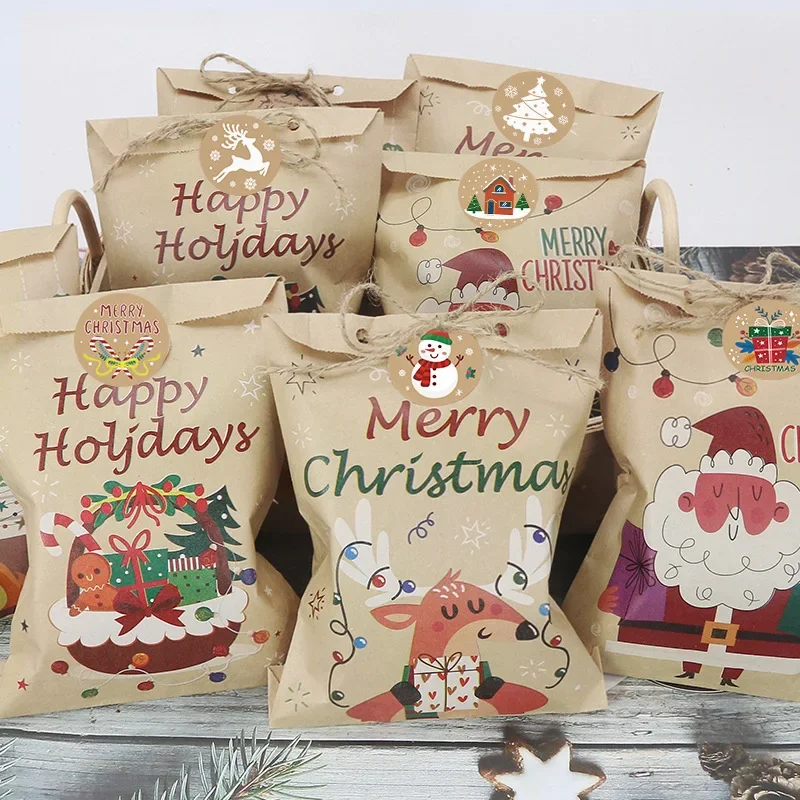 51PCS/Set Christmas Gift Paper Pouch Kraft Paper Bags With Sticker and Rope Santa Claus Snowman Xmas Party Candy Packaging Bags