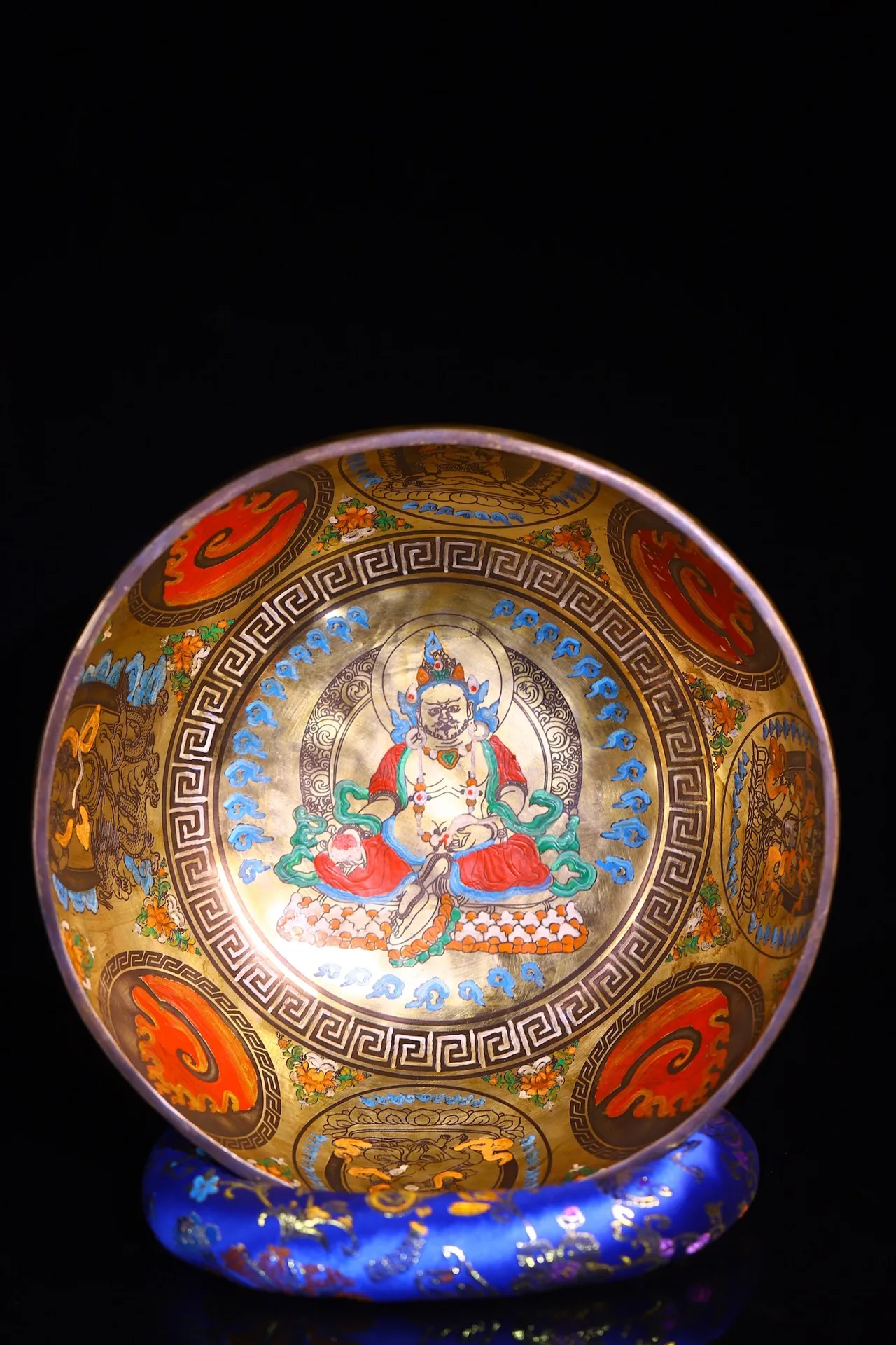 

12"Tibetan Temple Collection Old Bronze Painted Yellow Jambhala Buddha Buddhist Music Bowl Prayer Bowl Amulet Worship Hall