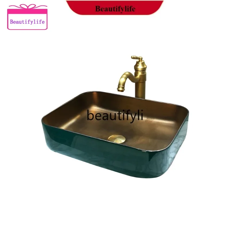 YL f156 Square small American washbasin green gold ceramic table basin retro bathroom washbasin