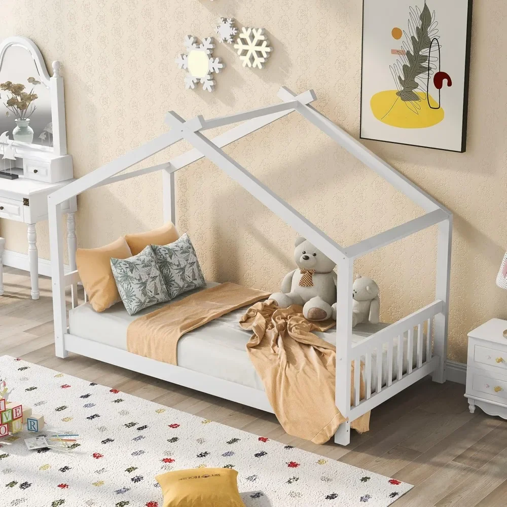 Designs House Bed for Kids, Wood House Twin Platform Bed with Headboard and Footboard, Toddler House Twin Bed Frame