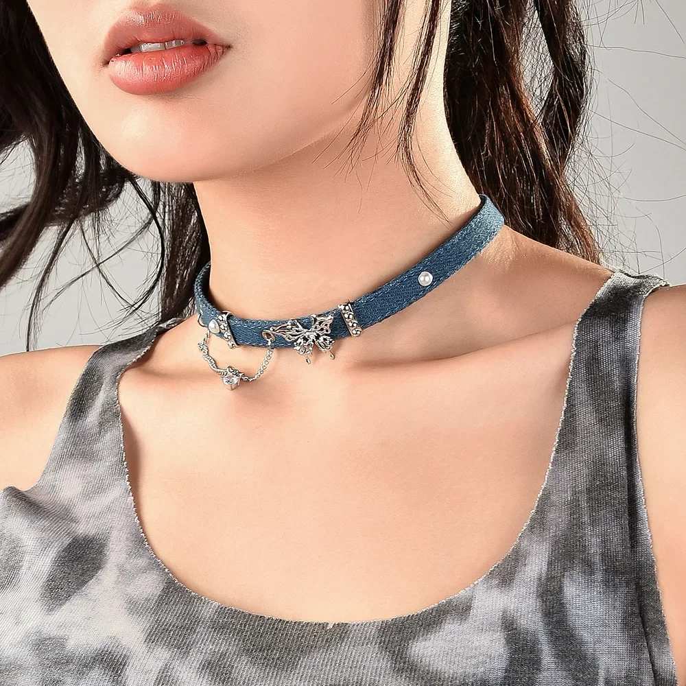 

Butterfly tassel denim series high-end heart-shaped neck chain Retro blue choker collarbone chain neck ring