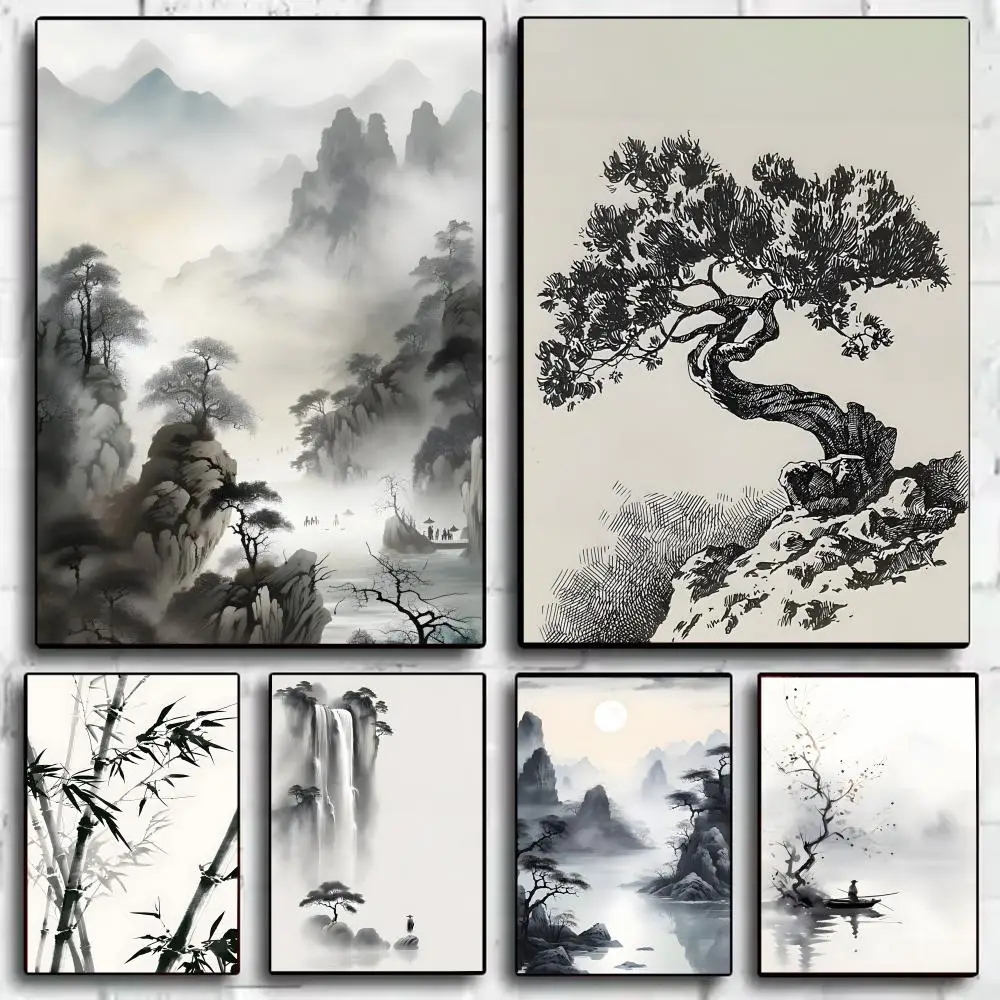 

Simple Landscape Ink Painting Poster Self-adhesive Wall Art For Home Bar Cafe Movie Theater Decor DIY Modern Print For All
