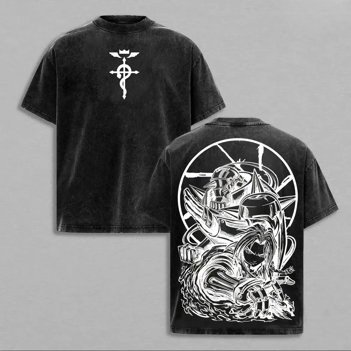 Fullmetal Alchemi Anime Graphic T-shirt Edward Elric Vintage Short Sleeve Washed Oversized T Shirt Casual Cotton Tees Clothing
