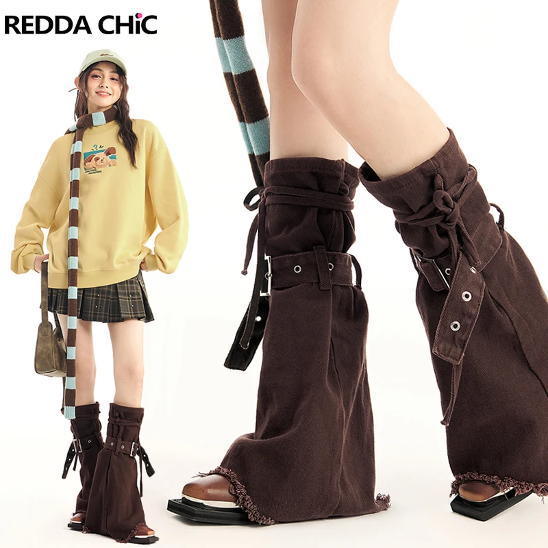 

ReddaChic Belt Bandage Frayed Denim Leg Warmers Women 90s Retro Brown Knee Long Socks Frayed Cowgirl Y2k Boots Cover Leg Gaiter