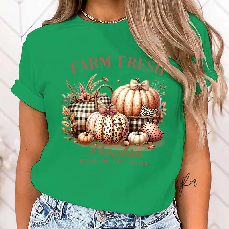 New Hot Autumn Farm Fresh Pumpkins Hand Picked Daily Printed T-Shirts Women Girl Unisex Casual Loose Round Neck