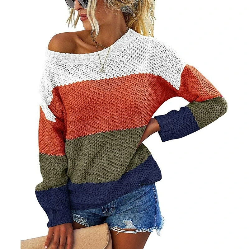Women's Luxury Fashion Top Multi colored Long sleeved Round Neck Splicing Colorful Elegant Pullover Knitted Sweater
