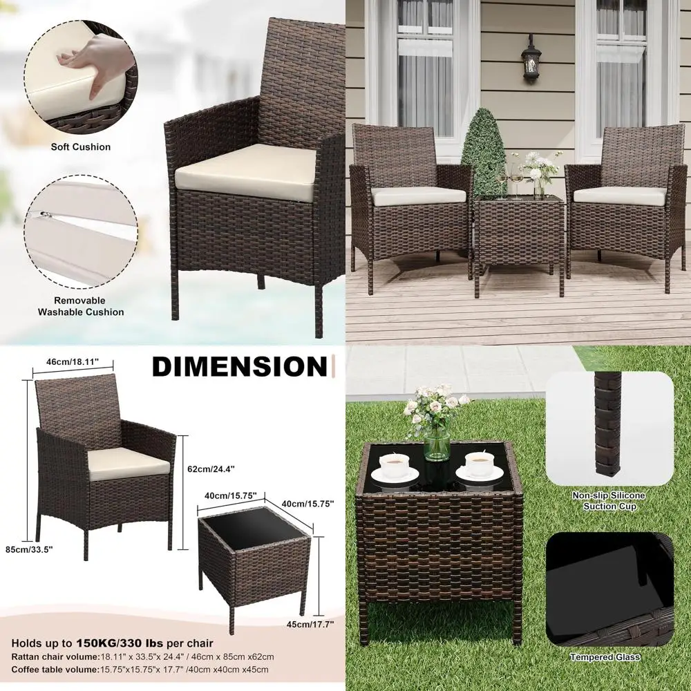 

3-Piece Outdoor Patio Furniture Set: Rattan Wicker Chairs with Glass Table, Cushions, Ideal for Porch, Balcony, Backyard, Garden