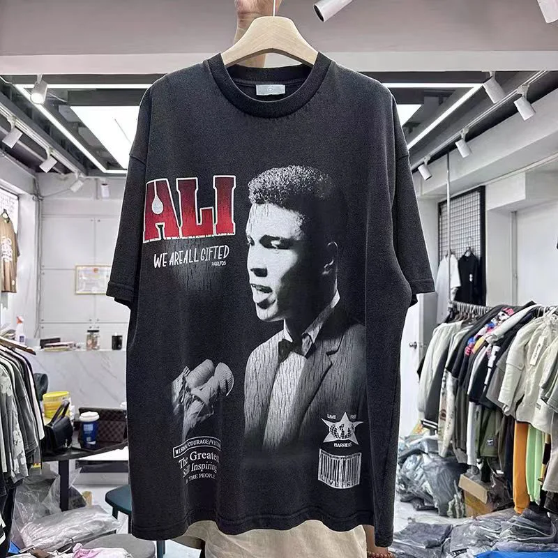 Wash Black Summer New T-shirts Men Woman 1:1 High Quality Chaopai Boxer Speech Printing Retro Loose Hip Hop Top Tees