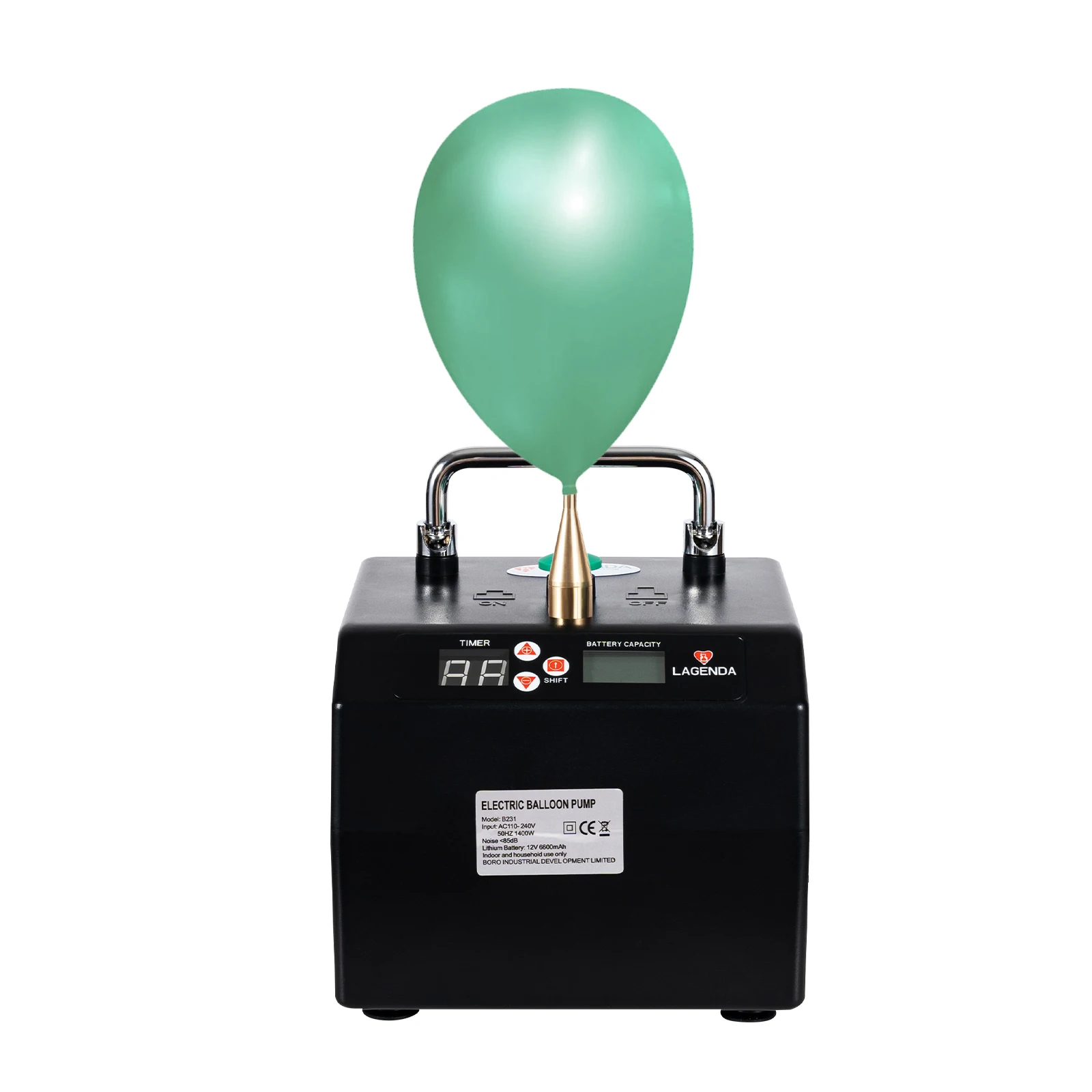 Schwarze elektrische Ballonpumpe zum Aufblasen von 160 langen Luftballons und 5-Zoll-Doppelsatzballons. 1400-W-Ballonpumpe
