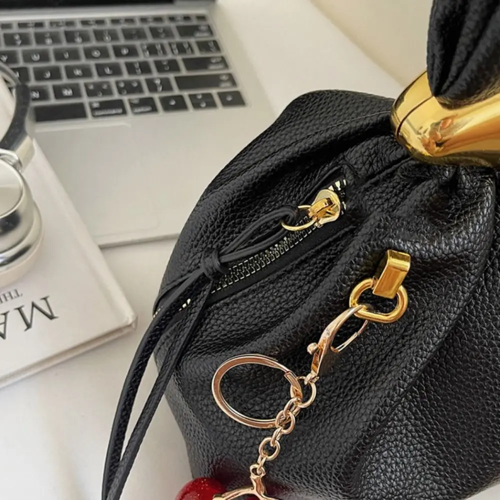 

Solid color Lichee Pattern PU Clutch Bag Cherry Pendant Large Capacity Party Evening Bag Coin Pouch Side Zipper