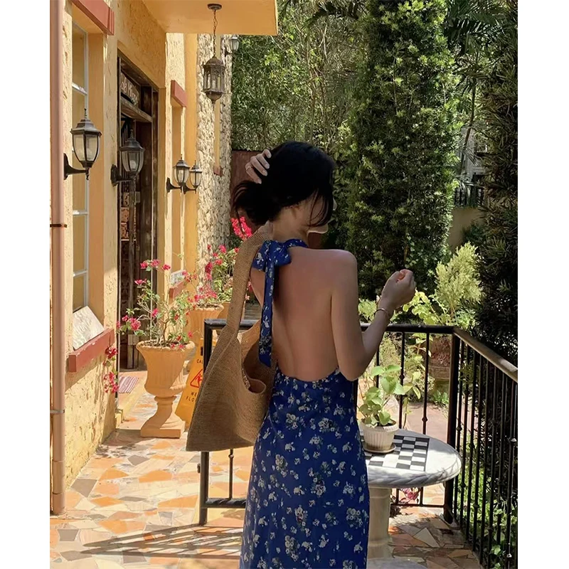 Vintage Floral Midi Dress Women Boho Vacation Beach Sexy Backless Bandage Dresses Summer Elegant Korean V Neck Bodycon Vestidos