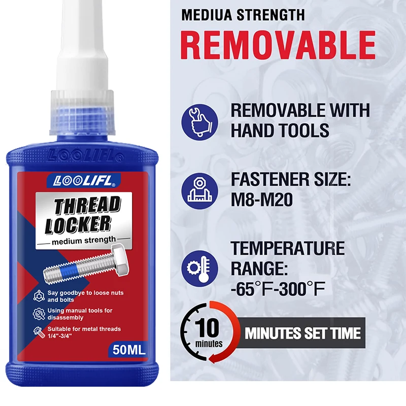 

Средство для фиксации резьбы, синий суперклей, подходит для гаек, болтов, крепежных деталей, средней прочности, предотвращает ослабление и коррозии.