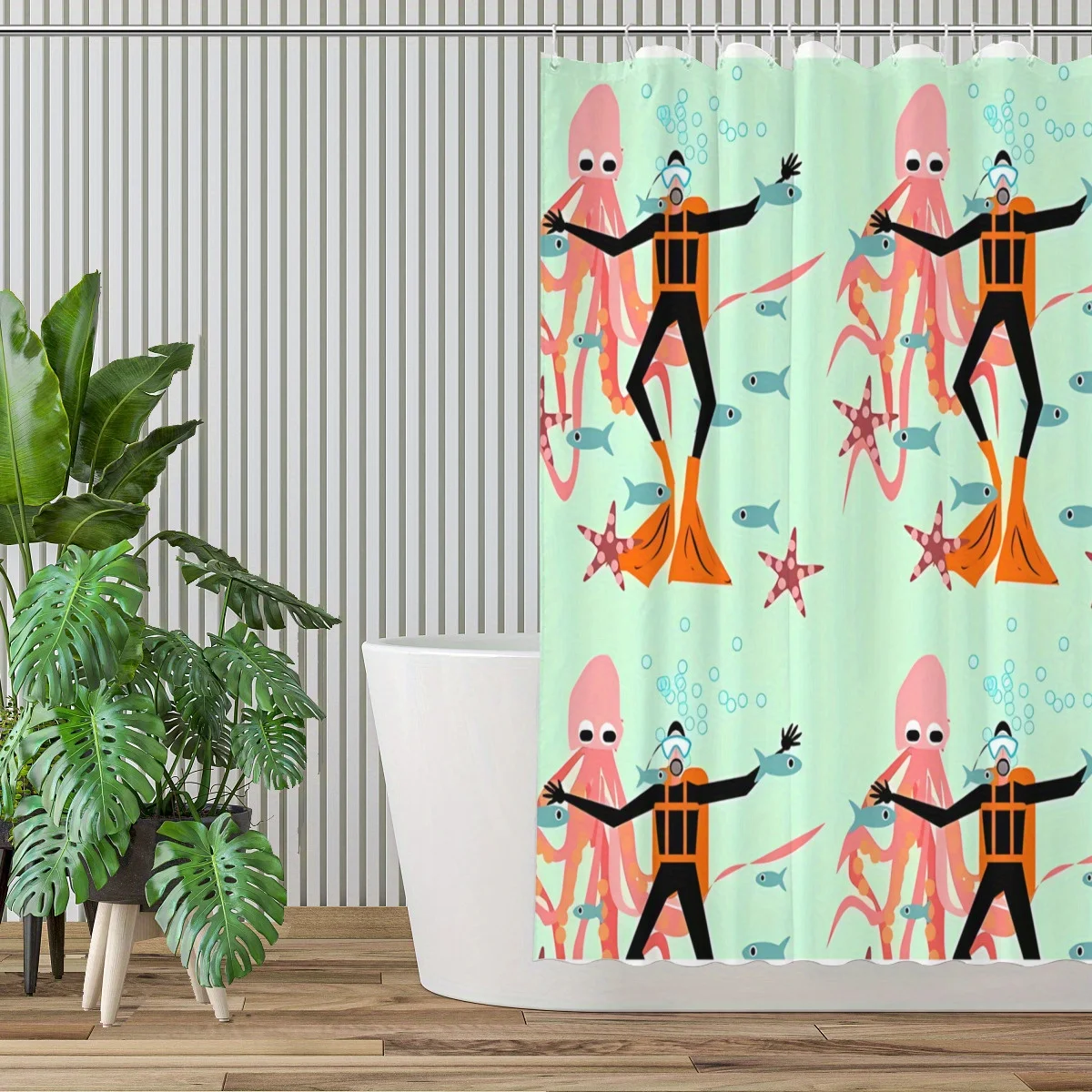 Funny Scuba Diver Shower Curtain, Cute Octopus Fish Ocean Waterproof Bath Curtain, Kids Cartoon Bathroom Decor Art