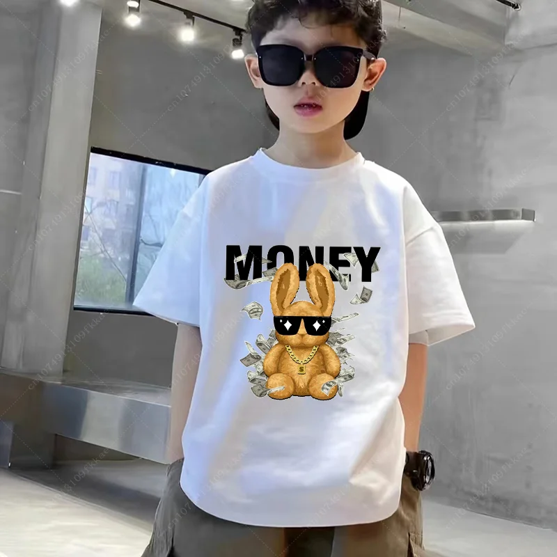 Hot Sale Summer Rabbit Cotton Printing T Shirt Animal Round Neck Short Sleeve Fashion Unisex Casual Tops Boys Girls Child Tees