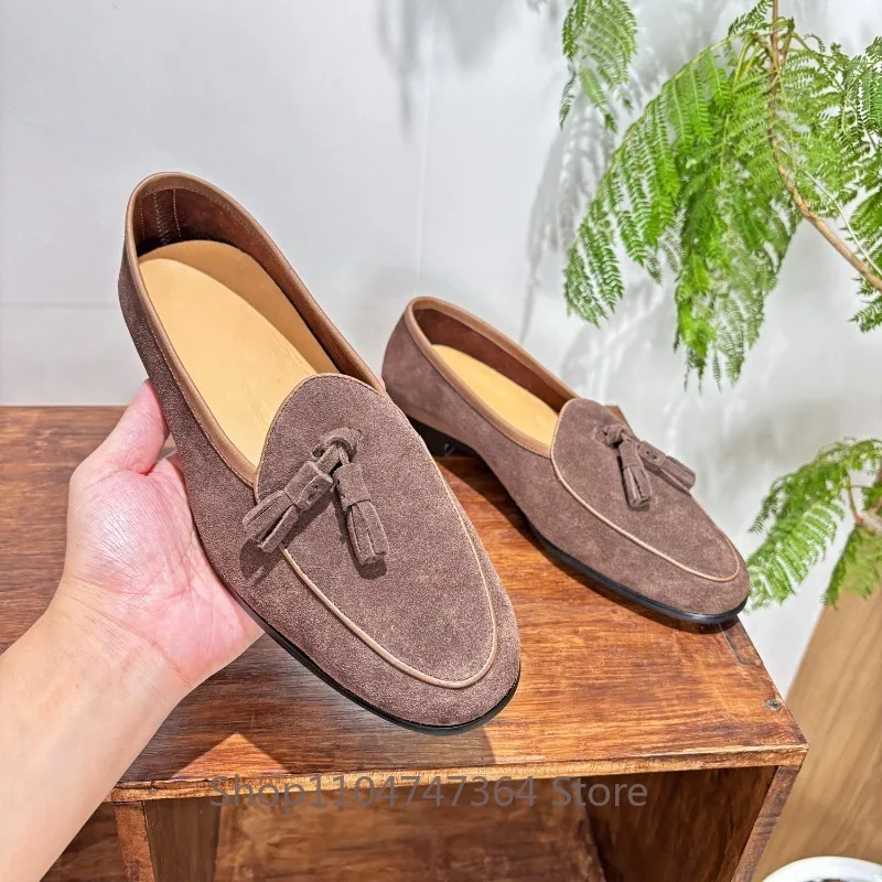 Handmade Genuine Leather Office Casual Leather Shoes Men's Loafers Tassel Suede Slip on British Style Formal Oxfords Male