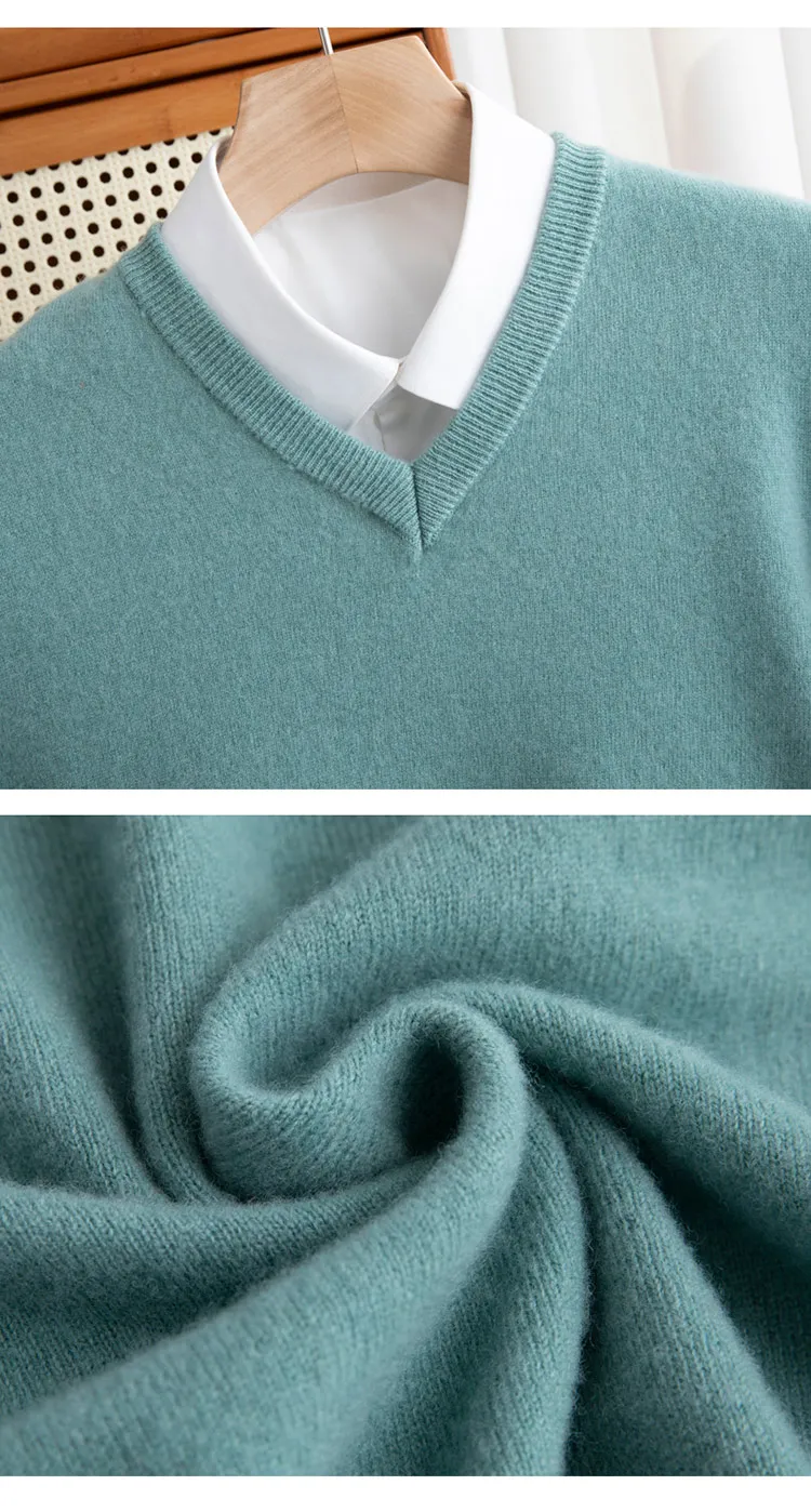 100% reiner Merinowollpullover für Herren, V-Ausschnitt, Strickpullover, große Größen, Kaschmir, Herbst/Winter, neuer Langarmpullover, hochwertige Oberteile – Detail 23