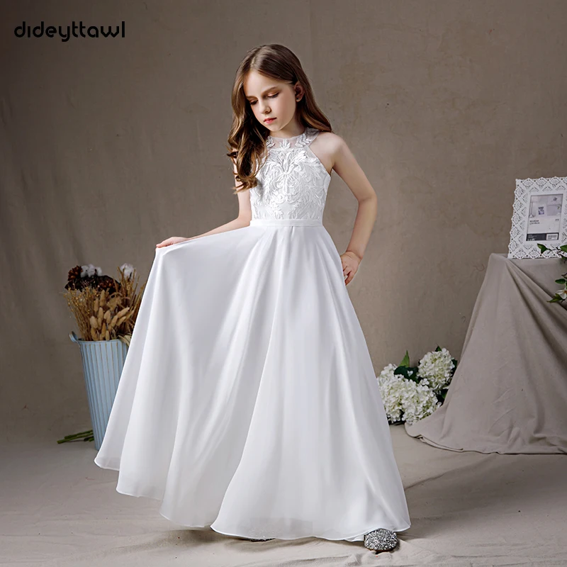 Dideyttawl Customized Halter Sleeveles Chiffon Flower Girl Dresses Lace Junior Bridesmaid Gown Birthday Party First Communion