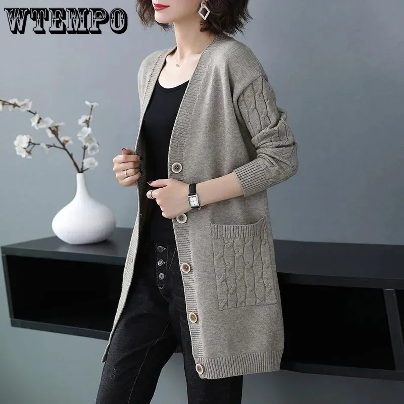 WTEMPO Women Sweater Cardigan Female Spring Fall Mid-length Loose Solid Button Knitted Coats Fashion New Casual Knitwear Outwear