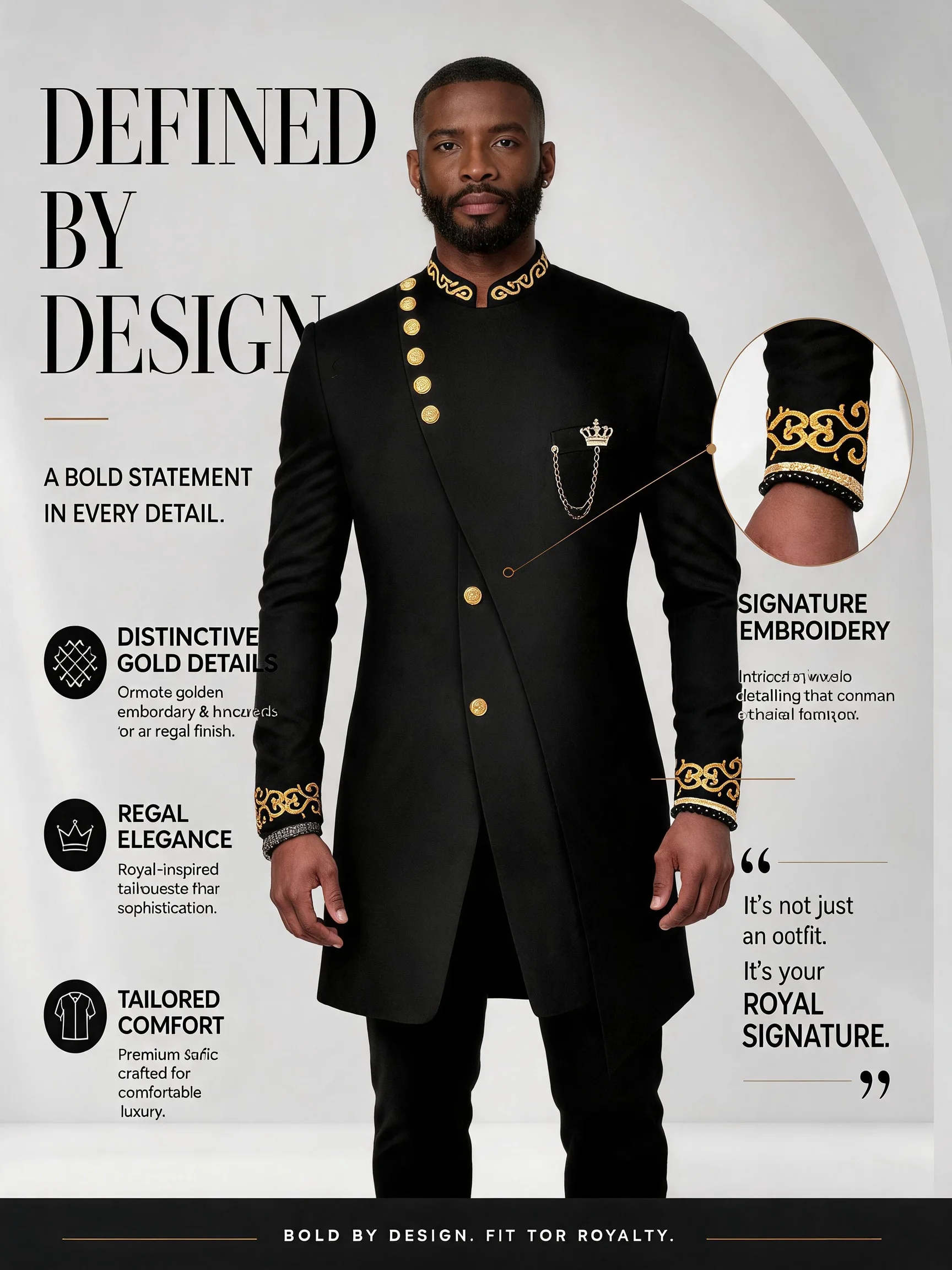 Men African 2‑Piece Suit Black Gold Embroidery Stand Collar Asymmetric Long Coat Pants Set Crown Brooch Luxury Wedding Formal Ou