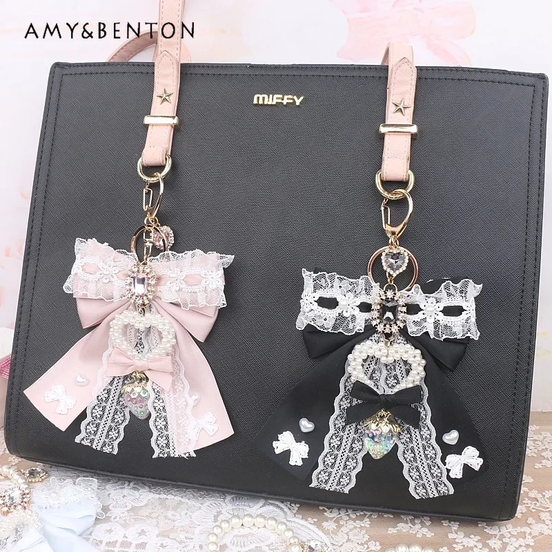 Handmade Mine Mass-Produced Handbag Pendant Heavy Industry Pearl Rhinestone Beaded Lace Bow Pendant All-Match Lolita Accessories