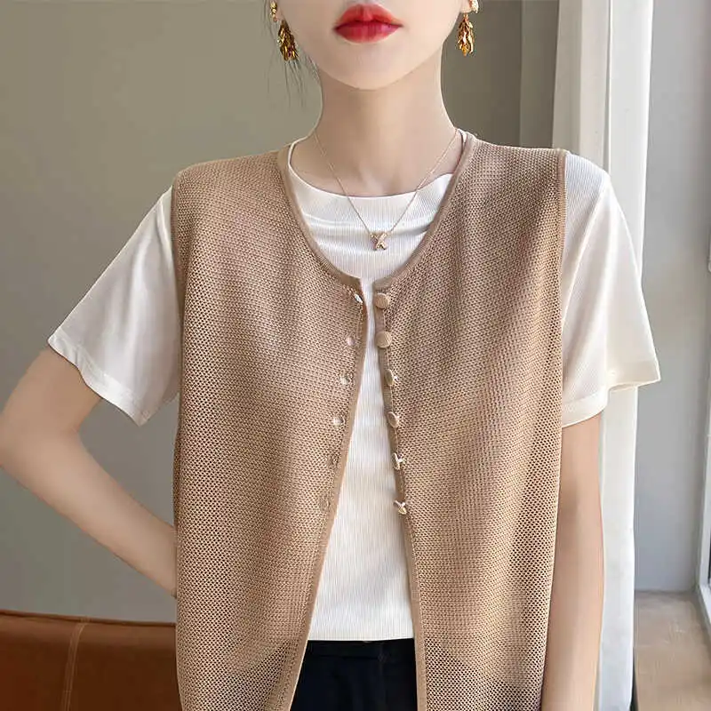 

Women's Knitted Vest Top Color Blo Mid-Length Svel round Ne Summer Faion Single Button European Sle Commute Sle