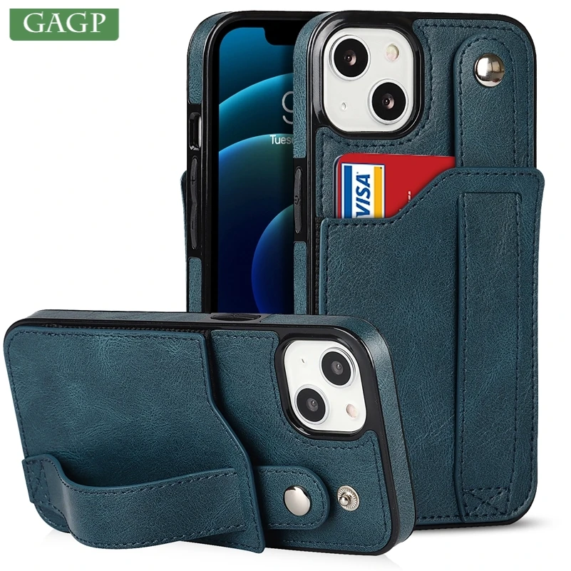 For iPhone 15 Pro Max Leather Case Wallet Card Slot Hand Wrist Strap Cover for iPhone 14 12 13 11 Pro Max Xs X Xr 8 7Plus SE 2 3