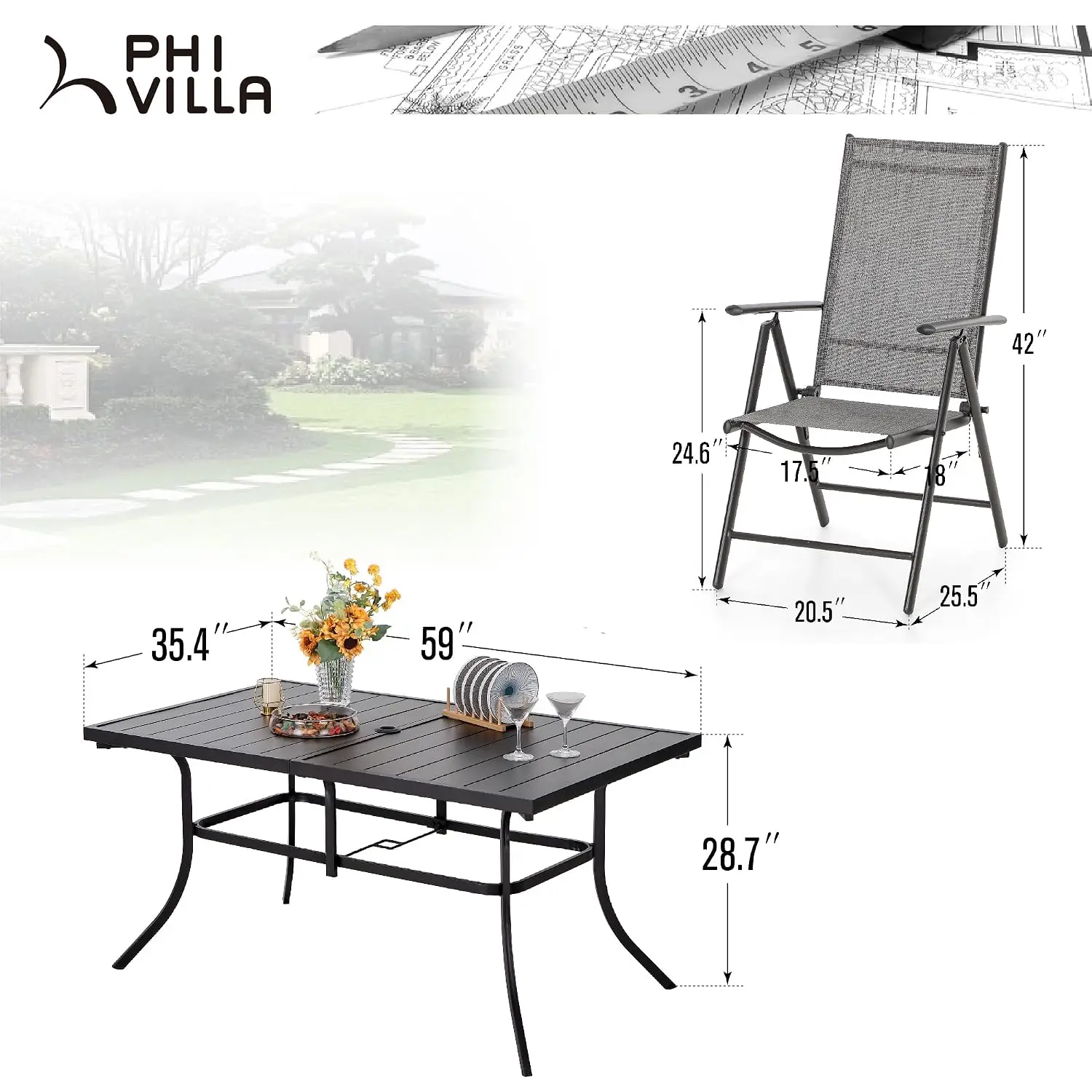 Outdoor Patio Dining Set with Umbrella for 6, Folding Chairs, Customized