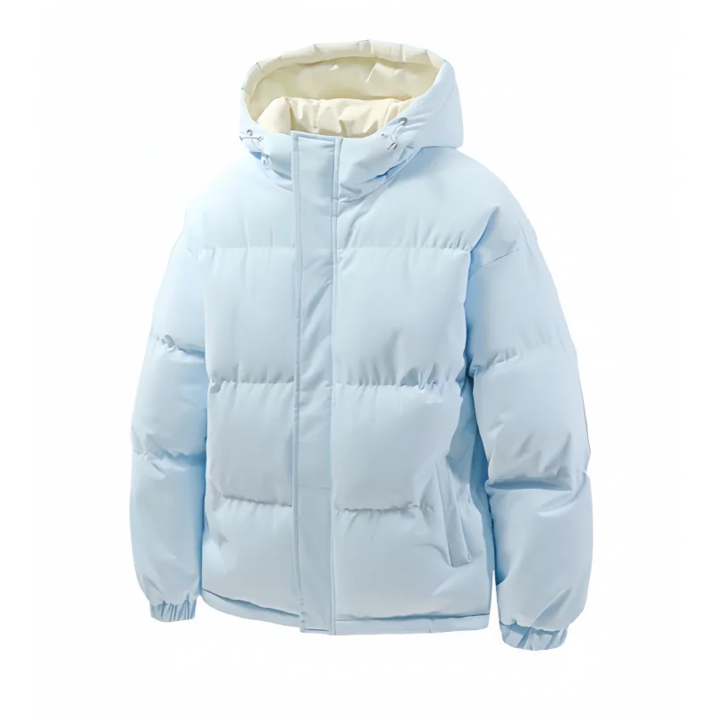 Autumn and Winter Thickened Hooded Cotton Jacket, Loose-Fitting Puffer Coat, Contrasting Color Lining Design, Adjustable Drawstring Hem, Windproof and Warm Casual Outerwear