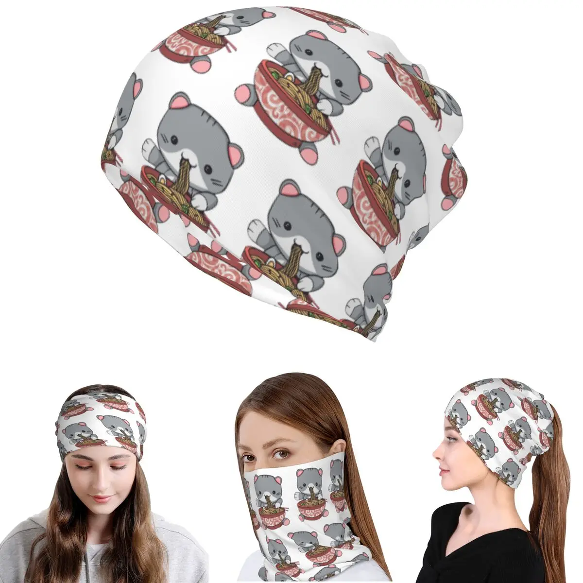 Kawaii Ramen Cat Bandana Neck Gaiter Wrap Scarf Multifunction Balaclava Beanies Hat for Men Women Adult Windproof