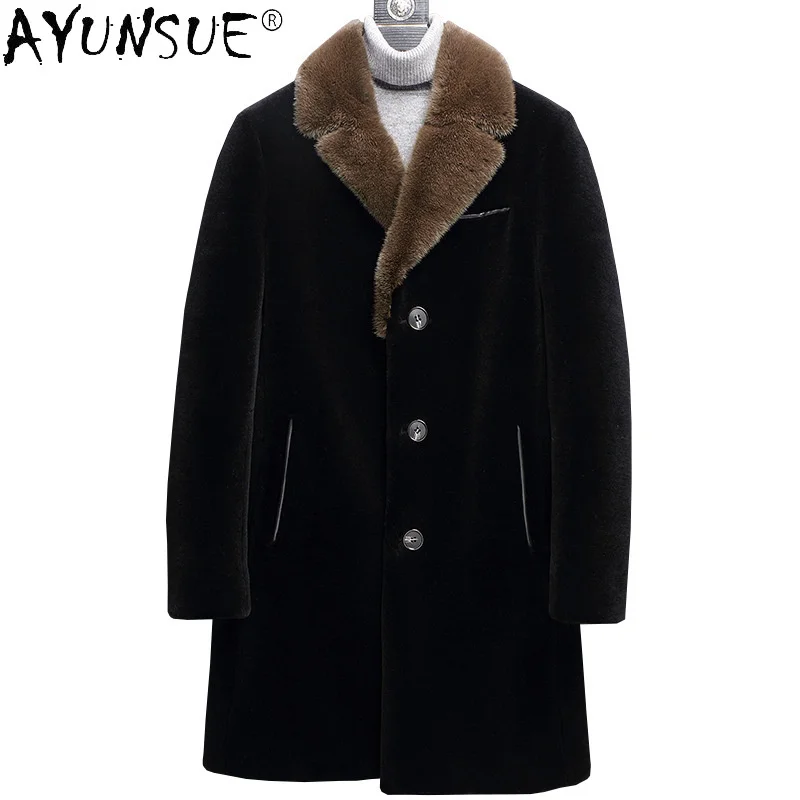 

AYUNSUE 2024 Winter 100% Genuine Wool Jacket Male Mink Fur Collar Down Jackets New Long Men's Trench Coat Casaco Masculino Gmm34