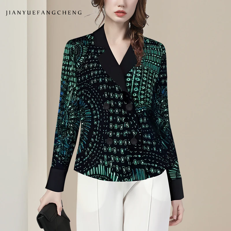 Fashion Geometric Patterns Print Green Chiffon Blouse Women Long Sleeve Lapel Collar Double-breasted Shirt Spring Summer Tops