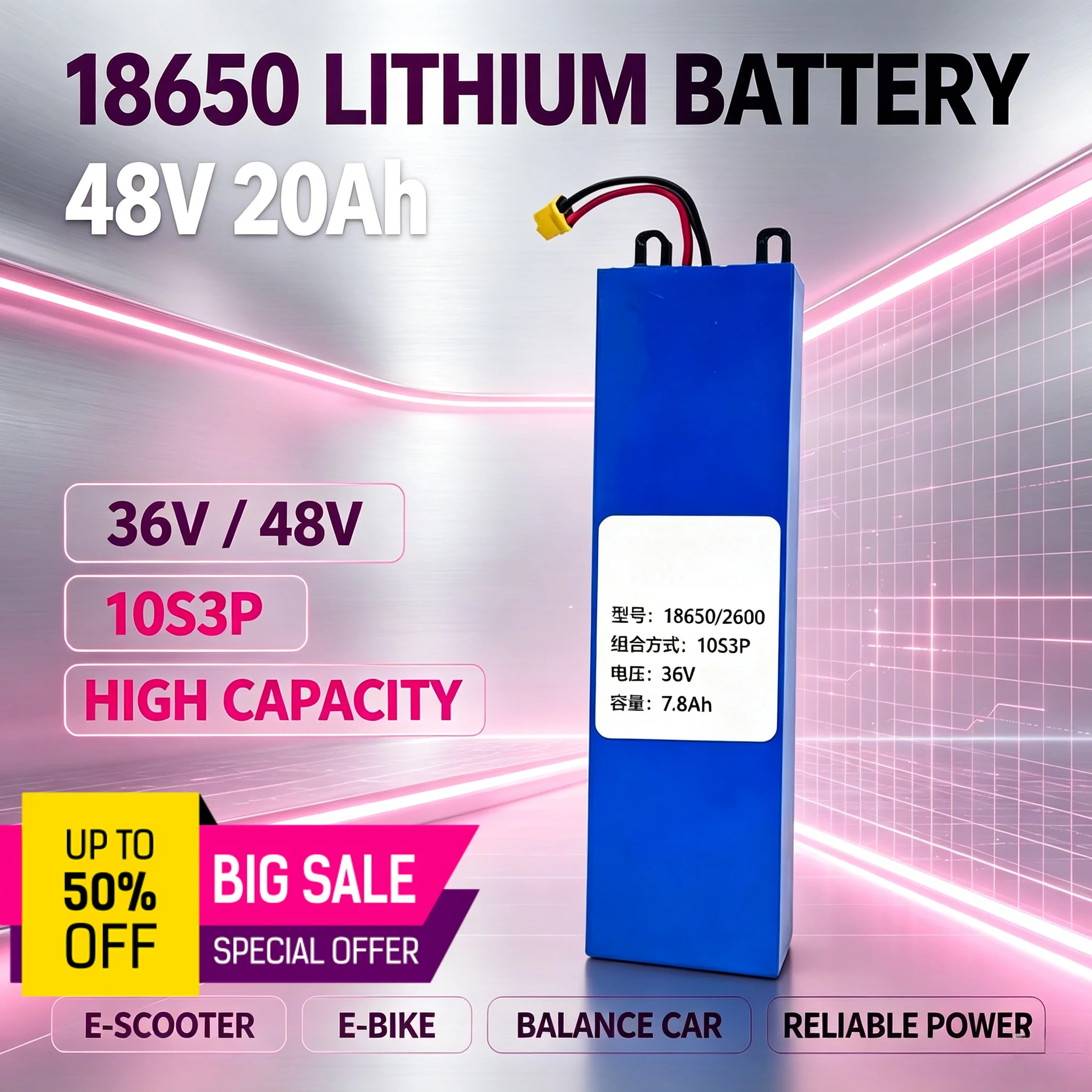 13S8P Lithium‑ion Battery Pack 48V 20Ah Large Capacity Rechargeable Battery for Electric Scooter Remote Control Toy