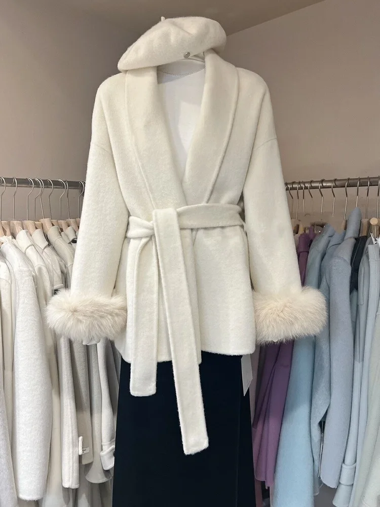 [EWQ] Flip Collar Fox Fur Double-sided Woolen Coat With Tie Up Middle Length Elegant Wool Jacket Women 2024 Spring Winter 6U7242