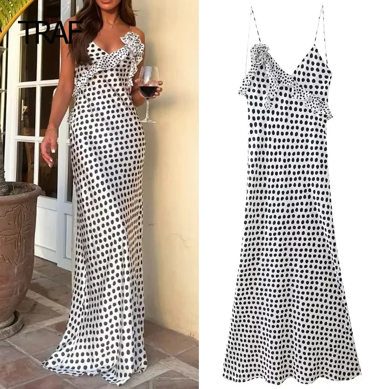 TRAF Womens Dresses Summer 2024 Floral Polka Dot Dress Ruffle scollo a v senza maniche Backless Slip abito lungo elegante abito da sera