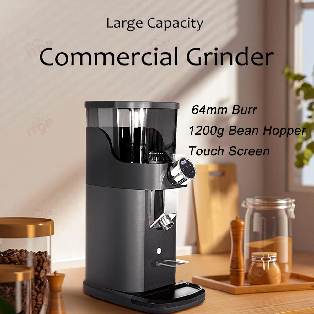 ITOP 64mm Burr Commercial Coffee Grinder Touch Screen Control Stepless Adjustment Precise Quantification 1200g Bean Hopper 350W